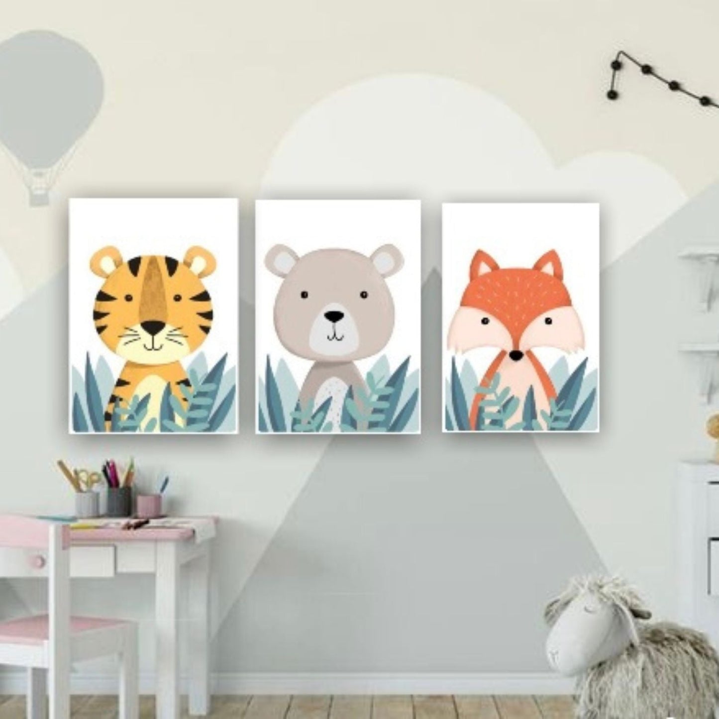 Cuadro Decorativo tipo Marmol Triptico Animales Kids 3 Unidades 40 x 40