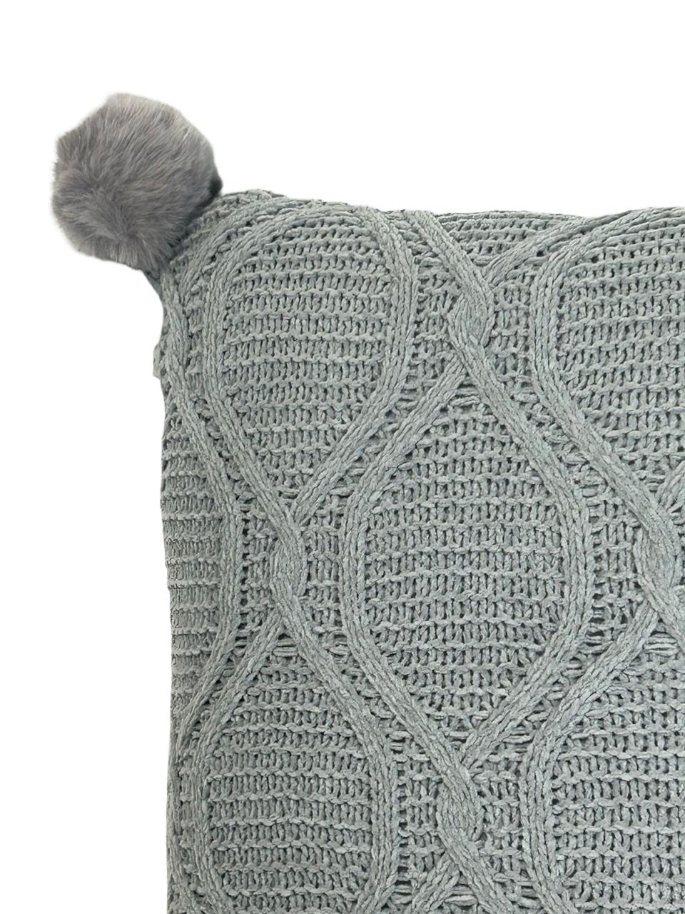 Cojin Decorativo Tejido Hilos Lazos Pompones Gris