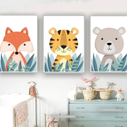 Cuadro Decorativo tipo Marmol Triptico Animales Kids  3 Unidades 70 x 50