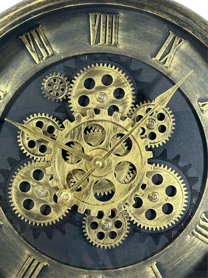 Reloj de Pared Redondo Maquinaria Dorado y Negro 39 Cm