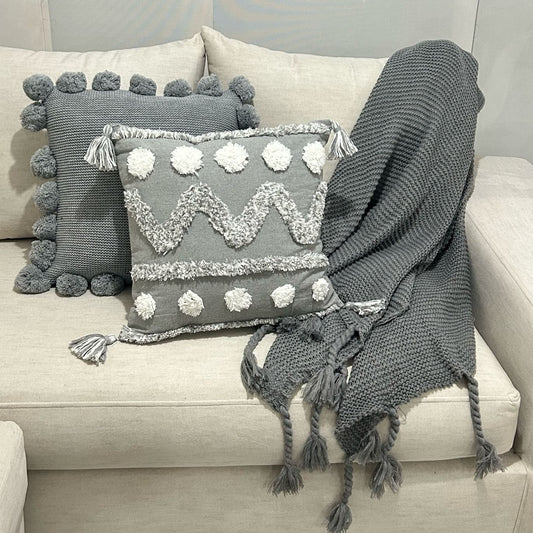 Manta Decorativa Fraza Gris Lazos