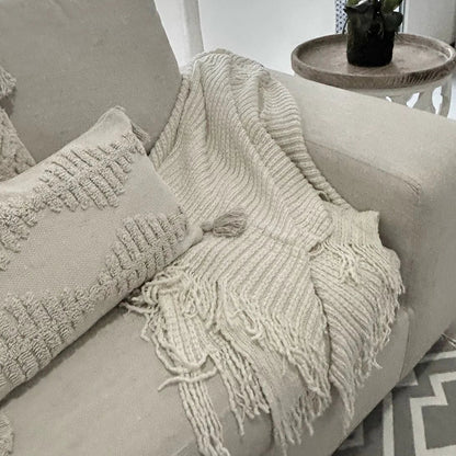 Manta Decorativa Fraza Tejida Beige Lazos