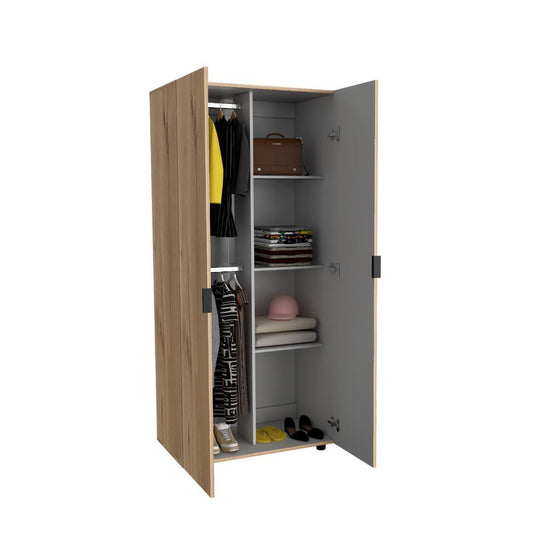 Closet Tera, Café Claro y Blanco, Dos Puertas Abatibles y Dos Tubos Cromados