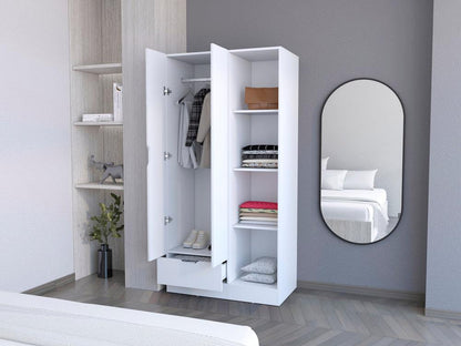 Closet Memphis, Blanco Duqueza, con un tubo cromado y cuatro entrepaños ZF - VIRTUAL MUEBLES