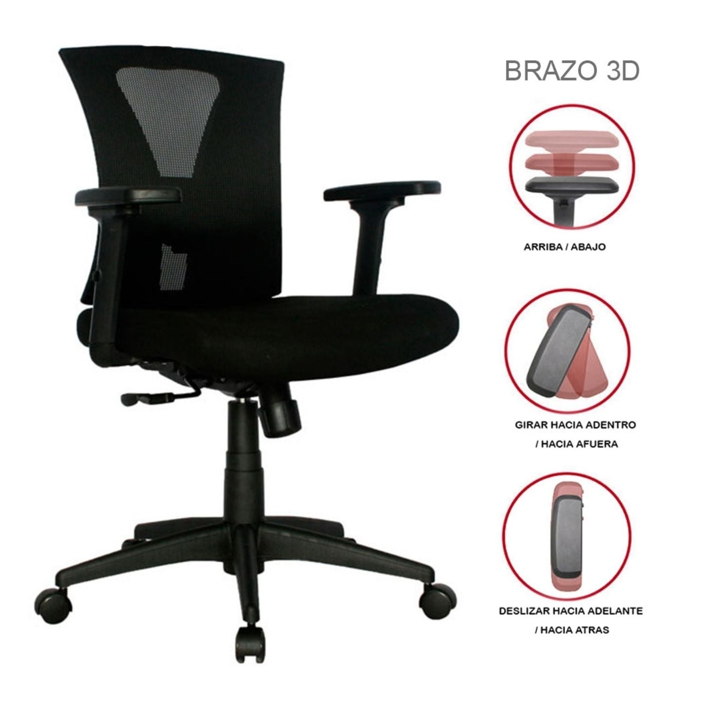 Silla De Oficina Siri Media Brazos 3D 4 Bloqueos Negro