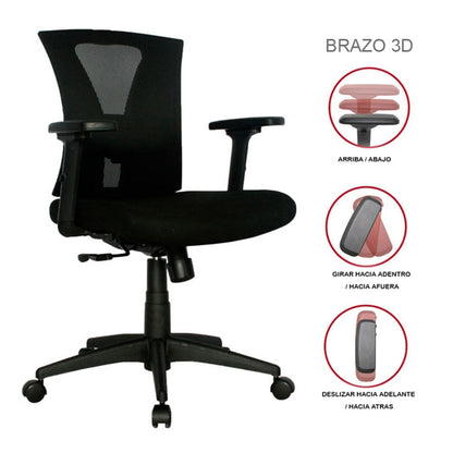 Silla De Oficina Siri Media Brazos 3D 4 Bloqueos Negro