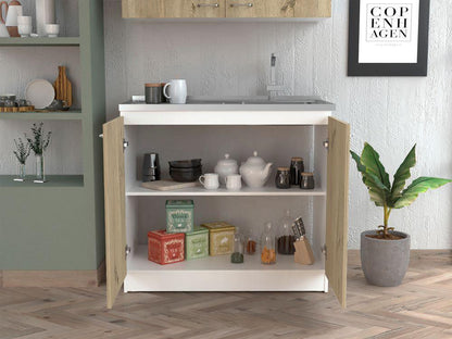 Gabinete Inferior Cantabria color Blanco Perla Y Cafe Claro Para Cocina.