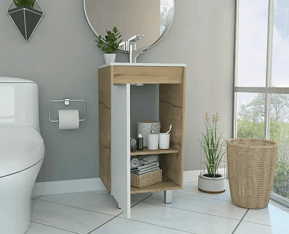Mueble Lavamanos Burco, Café claro con Blanco, con espacio para ubicar objetos de aseo Incluye Lavamanos - VIRTUAL MUEBLES