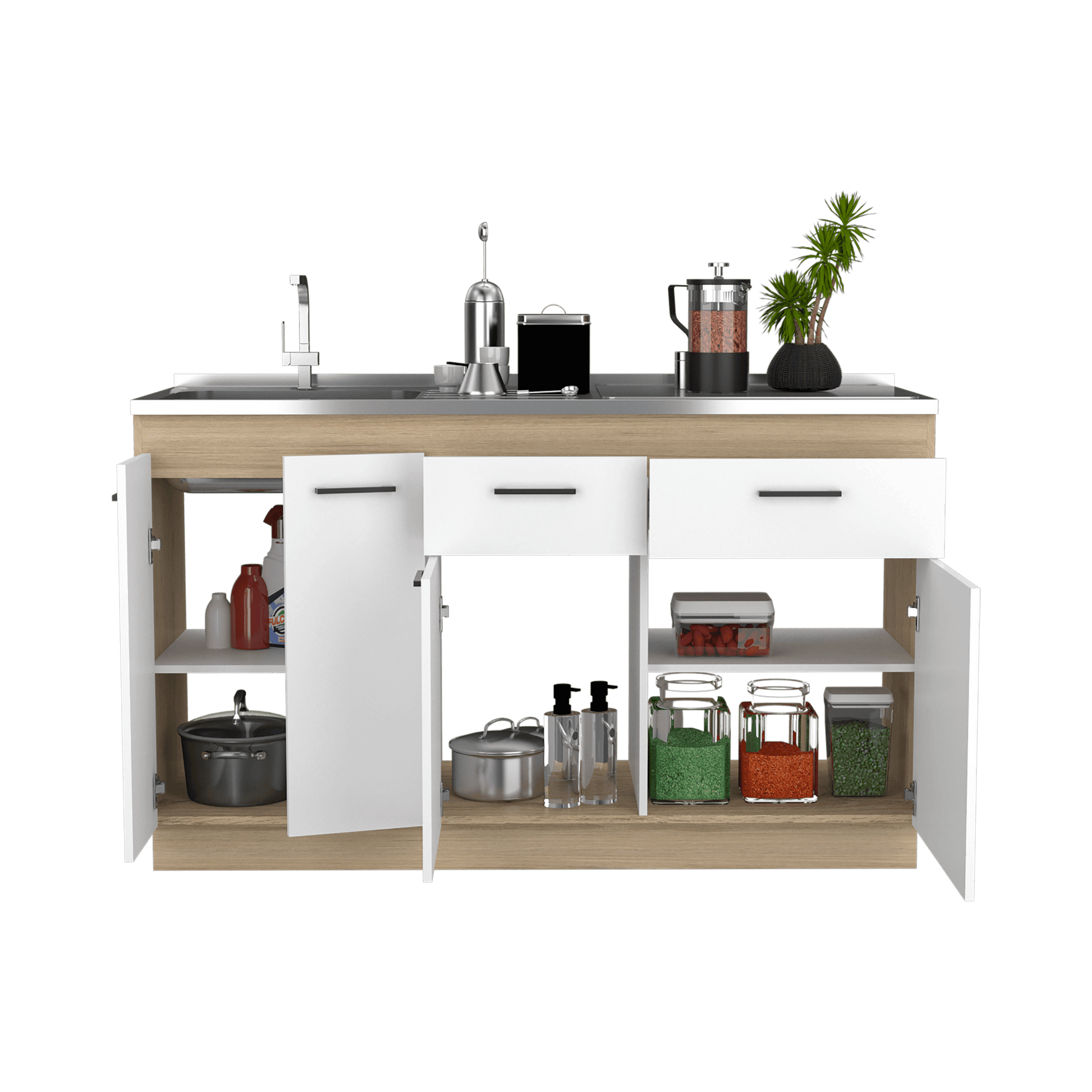 Gabinete Inferior Galapa color Blanco y Beige para Cocina.