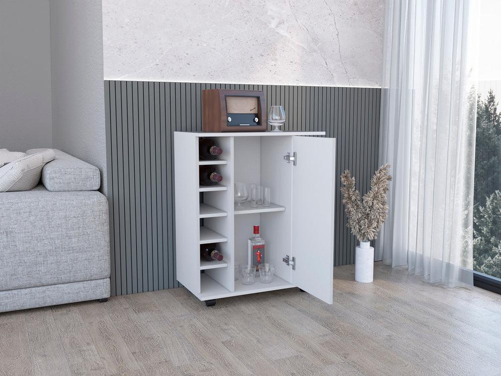 Bar Movible Liam, Blanco Duqueza, con espacio para ubicar copas y rodachines ZF - VIRTUAL MUEBLES