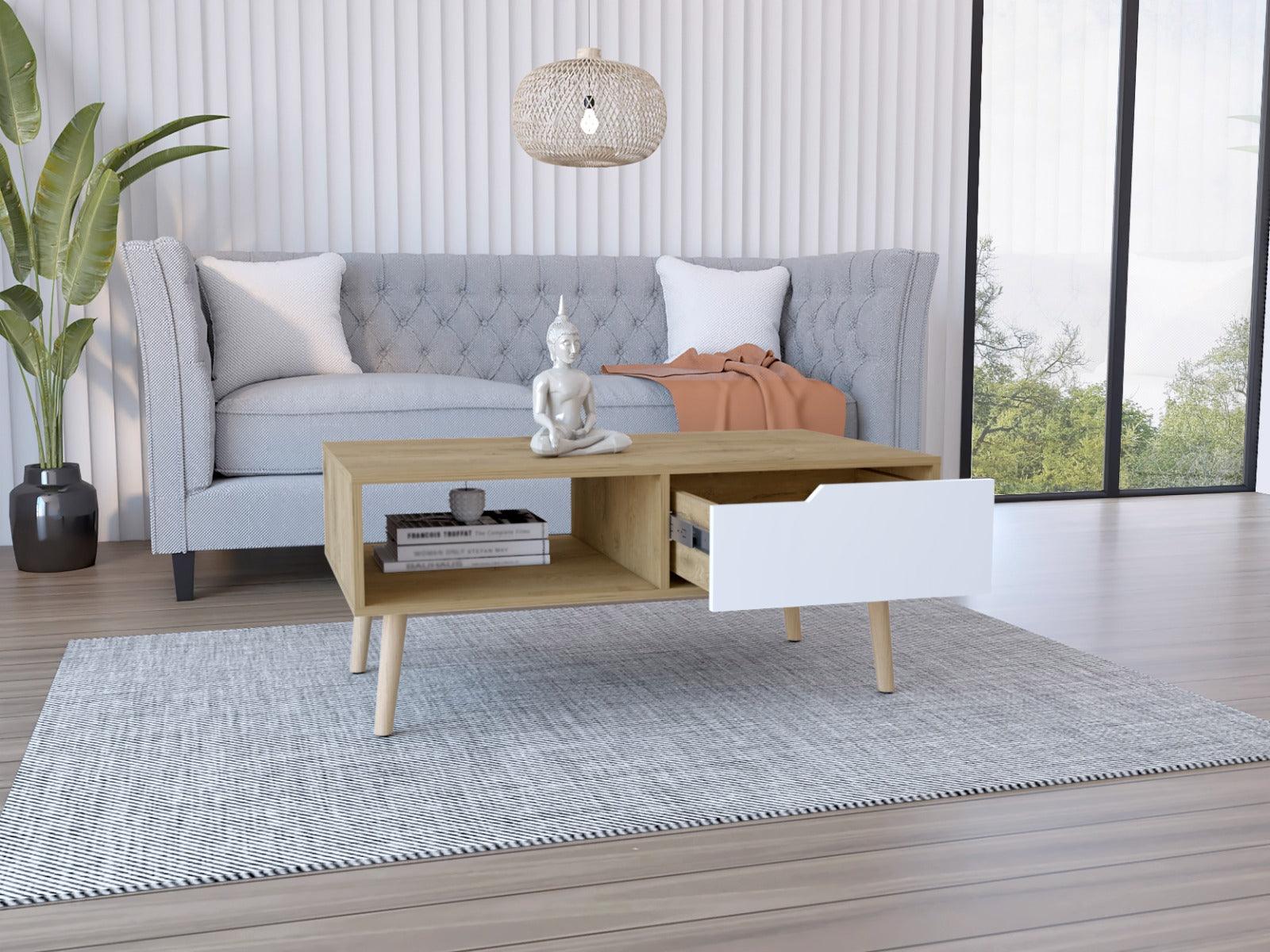 Mesa de Centro Raichel, Macadamia y Blanco, con Patas de Madera y Amplios Espacios Para Elementos Decorativos - VIRTUAL MUEBLES