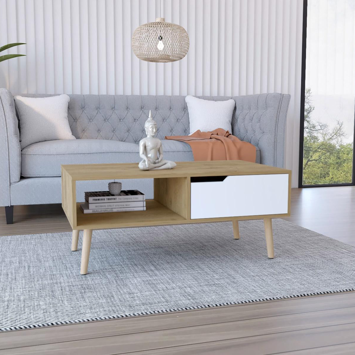 Mesa de Centro Raichel, Macadamia y Blanco, con Patas de Madera y Amplios Espacios Para Elementos Decorativos - VIRTUAL MUEBLES