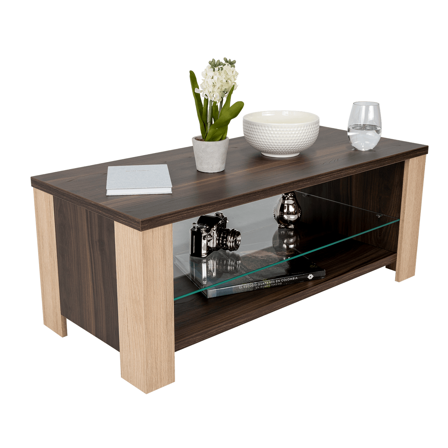 Mesa de Centro Málaga, Caoba y Beige, con Dos Entrepaños Inferiores - VIRTUAL MUEBLES