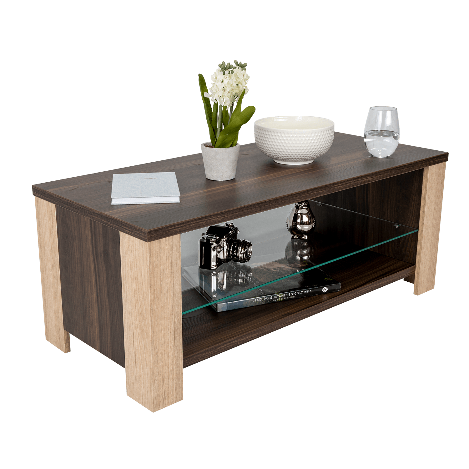 Mesa de Centro Málaga, Caoba y Beige, con Dos Entrepaños Inferiores - VIRTUAL MUEBLES