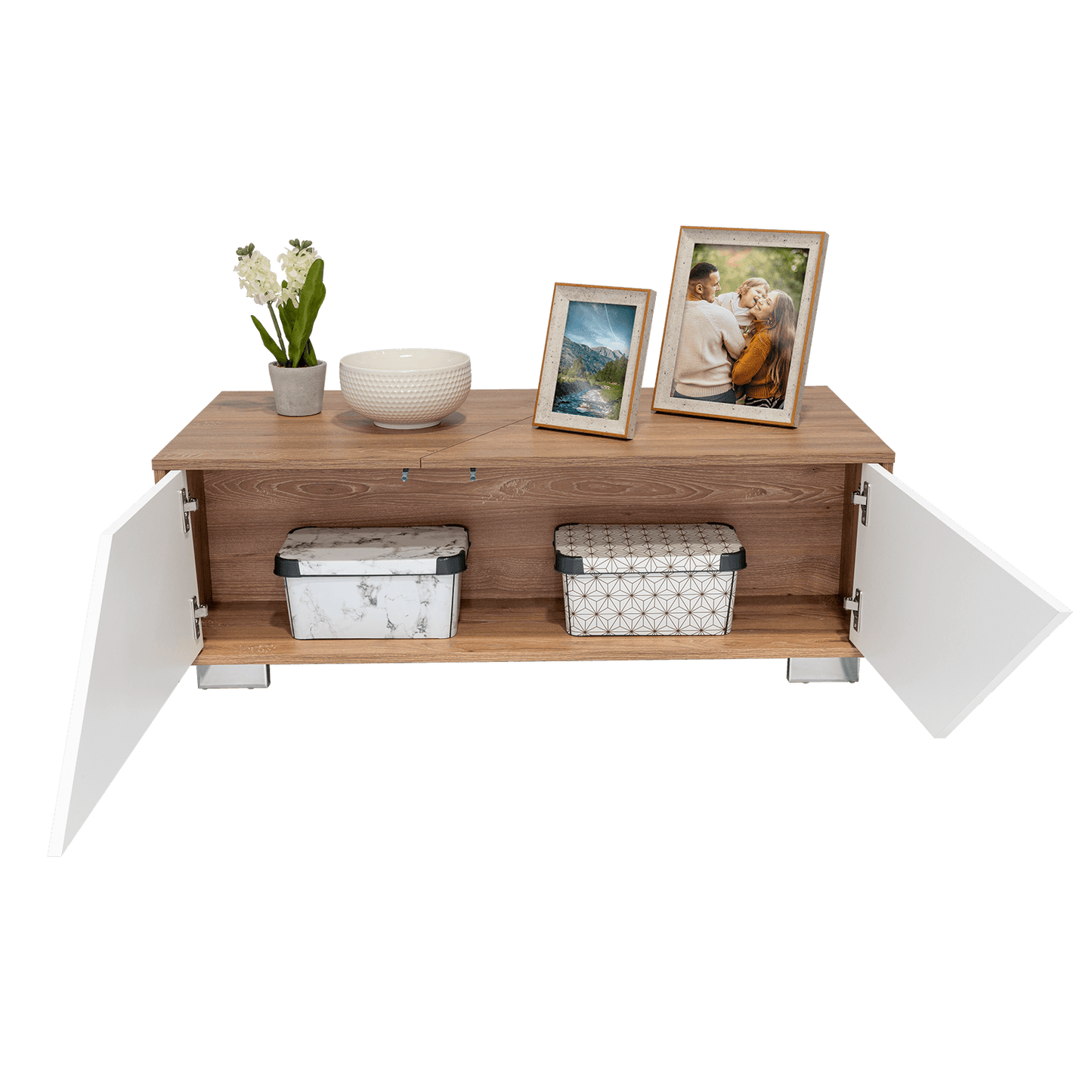 Mesa de Centro Orus, Miel y Blanco, con Cuatro Puertas y Patas En Acero