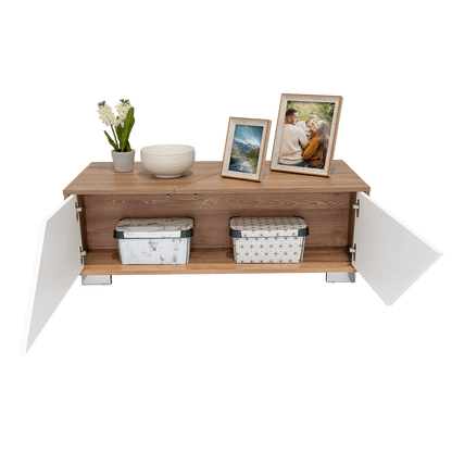 Mesa de Centro Orus, Miel y Blanco, con Cuatro Puertas y Patas En Acero