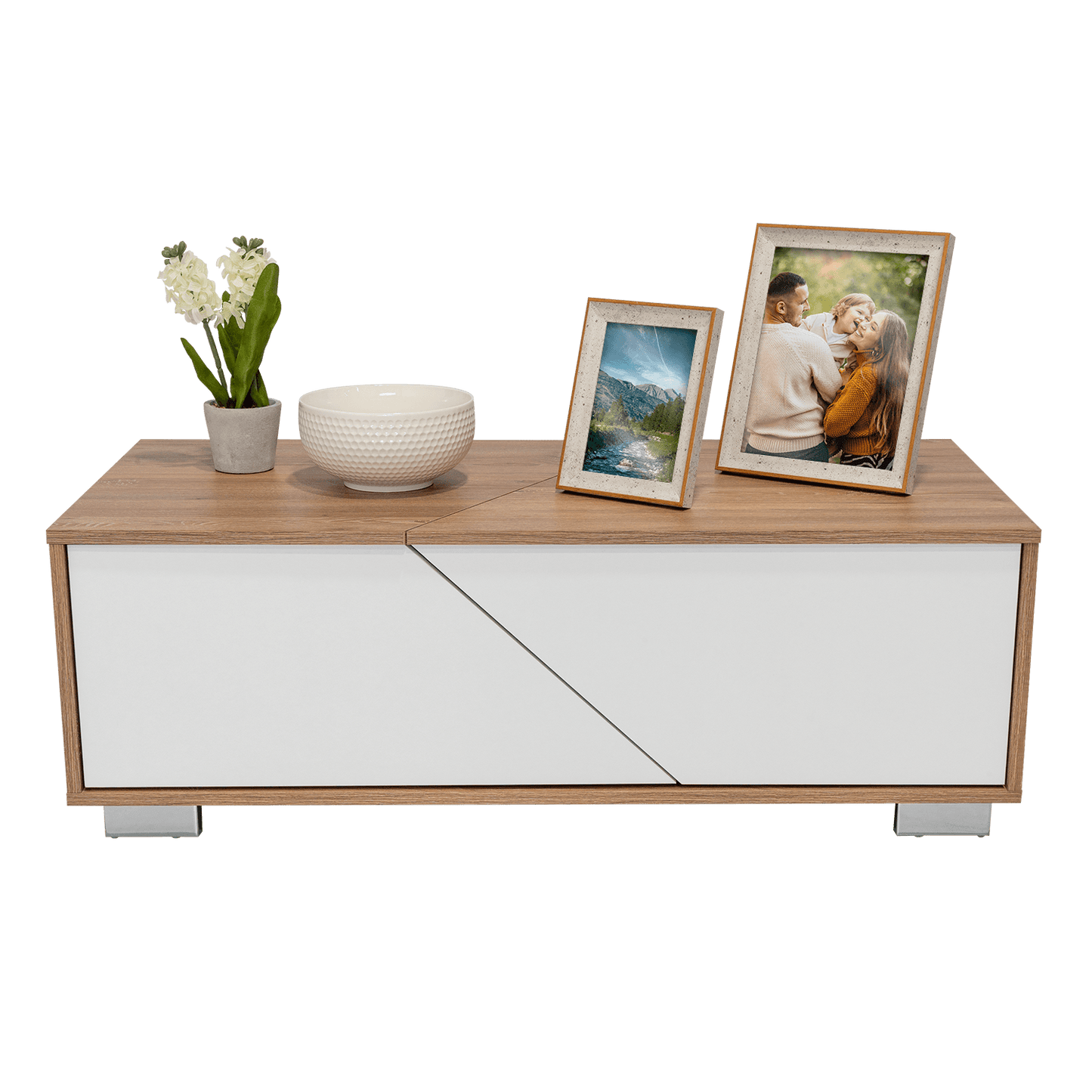 Mesa de Centro Orus, Miel y Blanco, con Cuatro Puertas y Patas En Acero