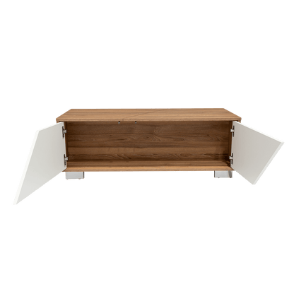 Mesa de Centro Orus, Miel y Blanco, con Cuatro Puertas y Patas En Acero