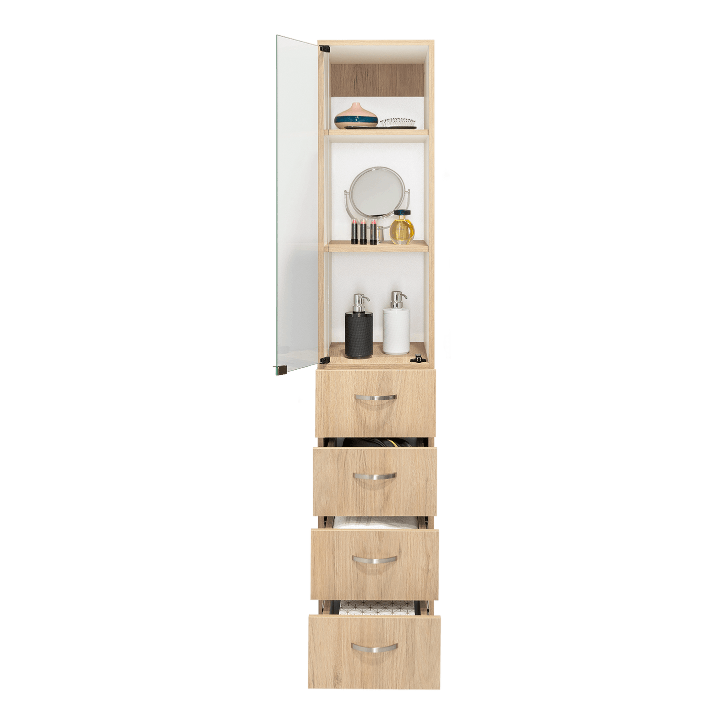 Mueble Auxiliar de Baño Picasso, Beige y Blanco, con Dos Entrepaños y Cuatro Cajones - VIRTUAL MUEBLES