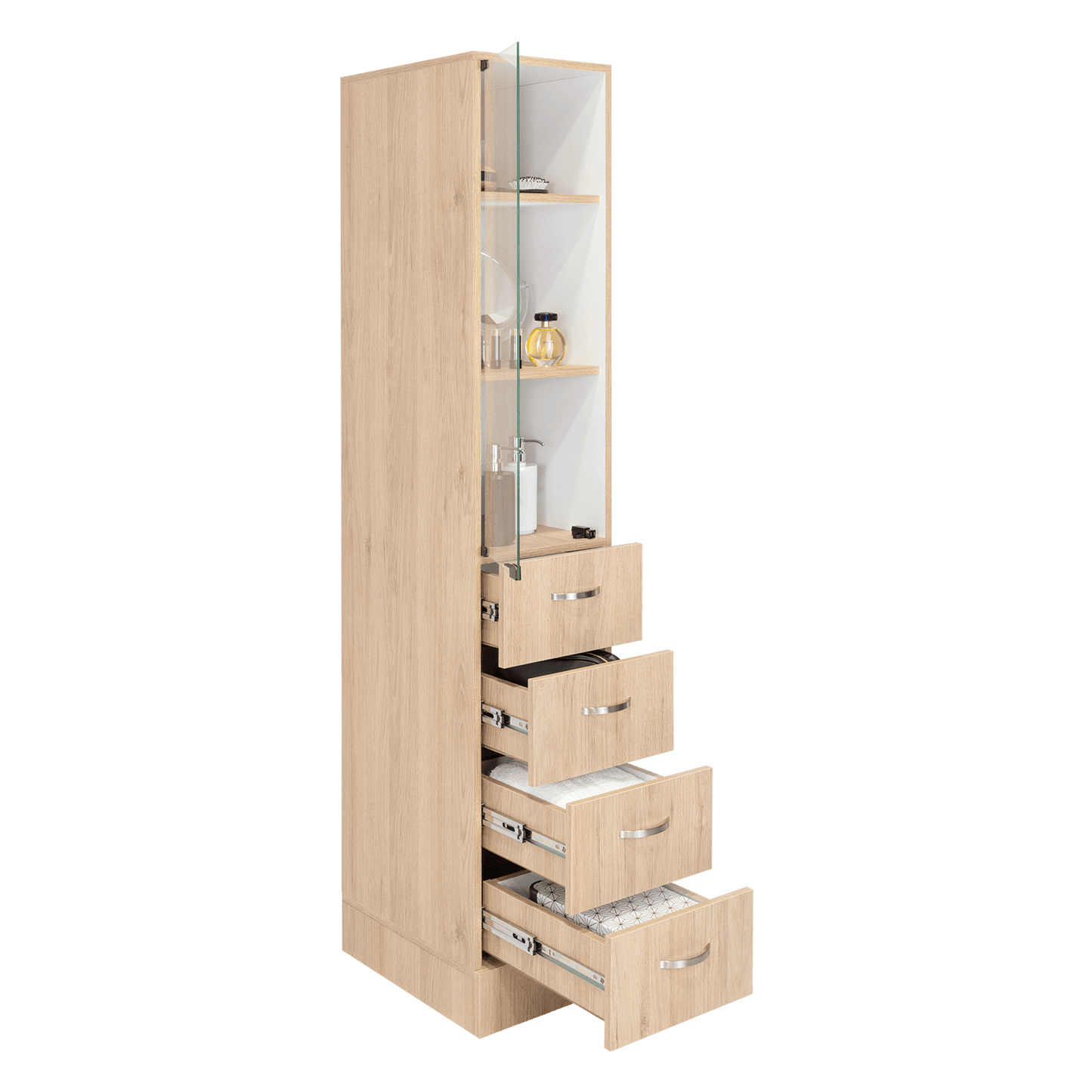 Mueble Auxiliar de Baño Picasso, Beige y Blanco, con Dos Entrepaños y Cuatro Cajones - VIRTUAL MUEBLES