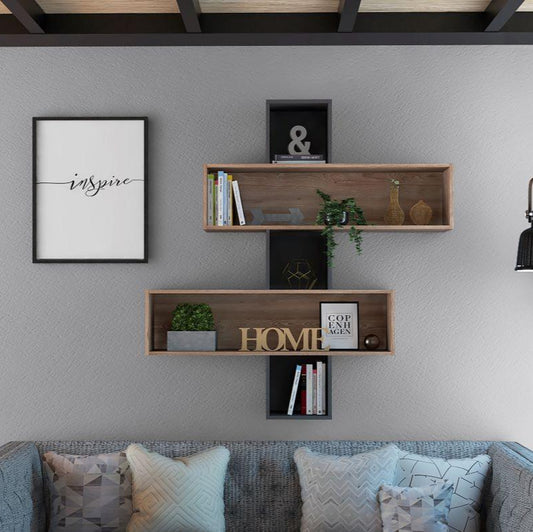 Repisa Frello, Miel y Plata Oscuro, con Múltiples Entrepaños Para Ubicar Objetos