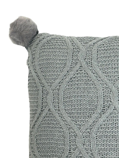 Cojin Decorativo Tejido Hilos Lazos Pompones Gris