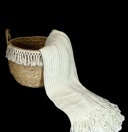 Manta Decorativa Fraza Tejida Beige Lazos